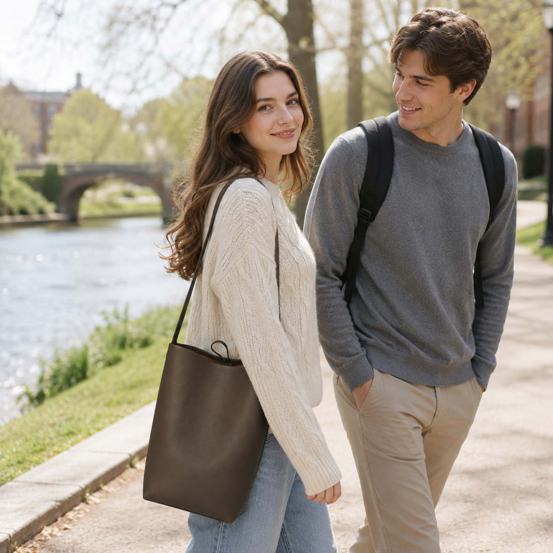 Minimalist tan leather shoulder tote — logo-free style carried outdoors