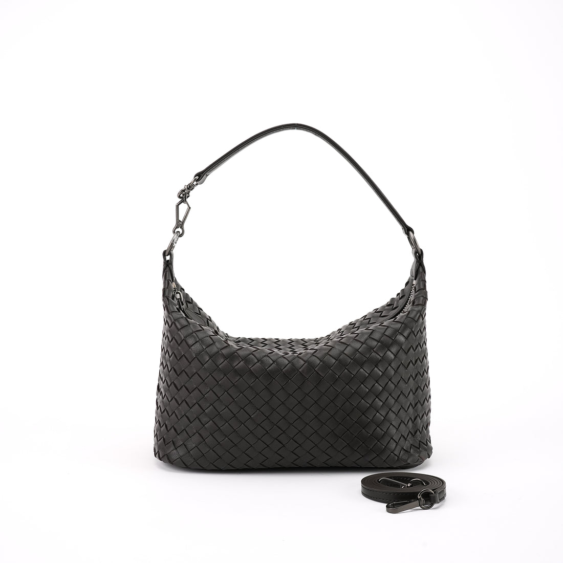 Logo-free handwoven lambskin shoulder bag — black front view with detachable strap