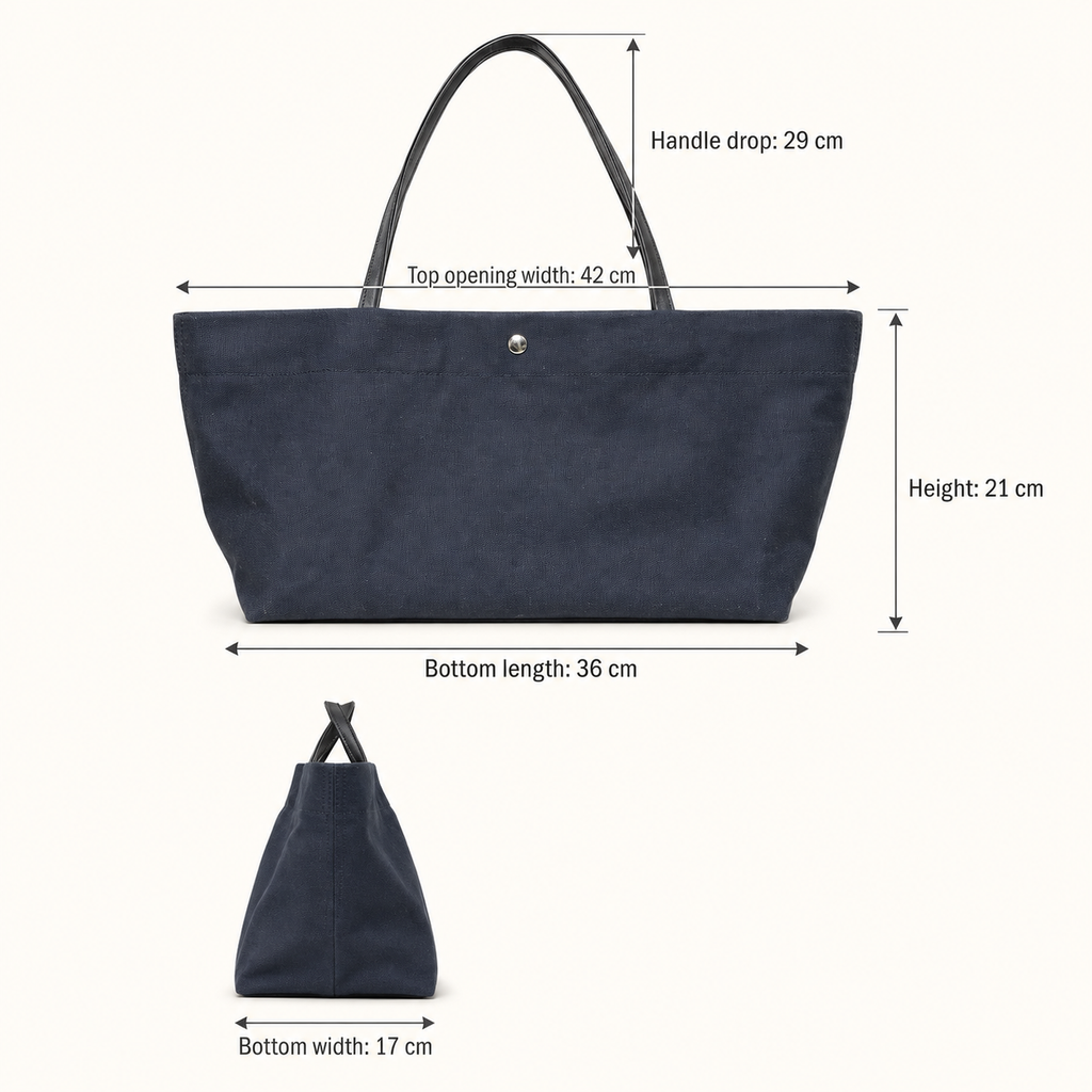 Navy canvas tote dimensions with front and side views