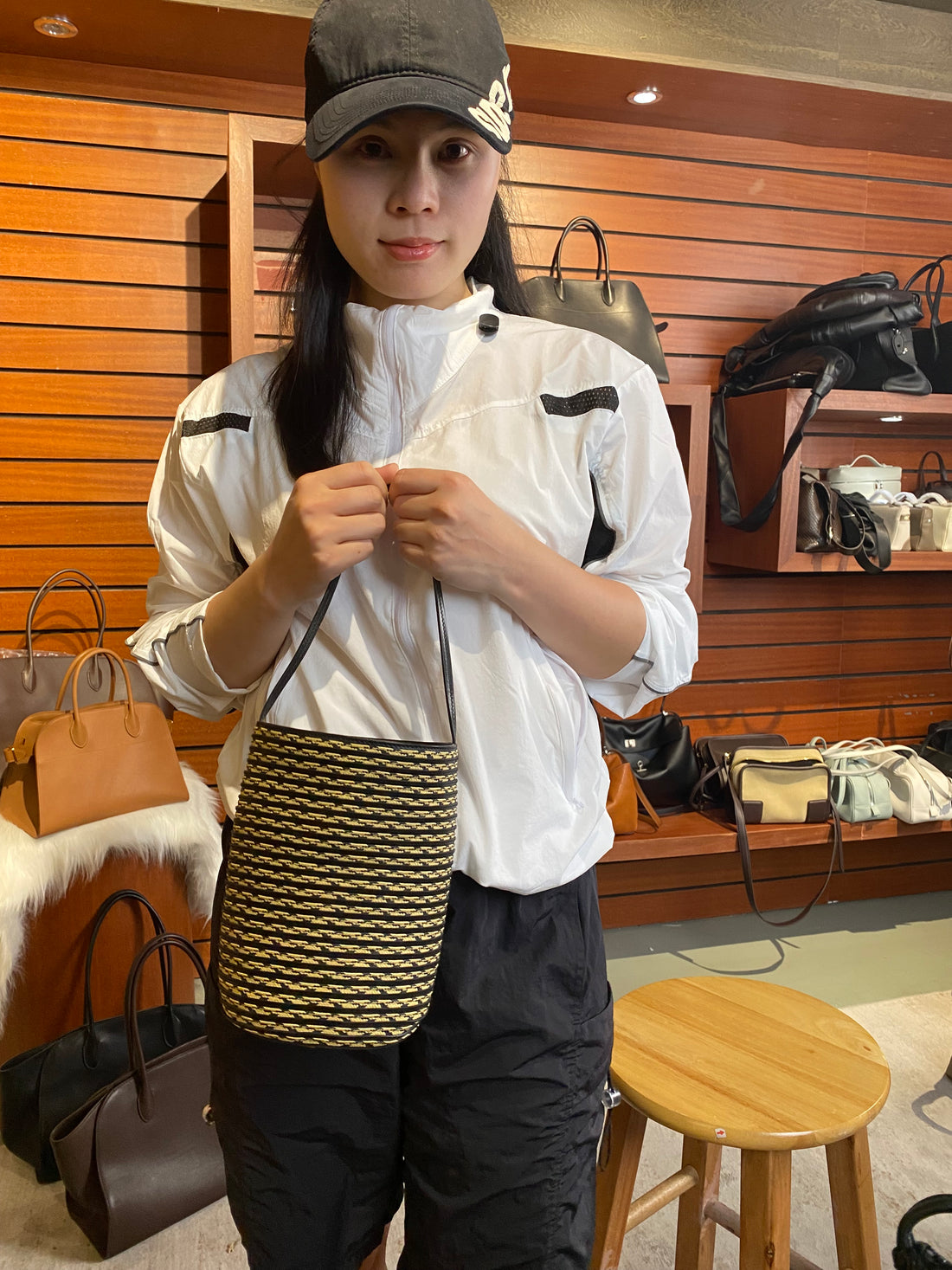 Elegant minimalist olive and cream bucket tote
