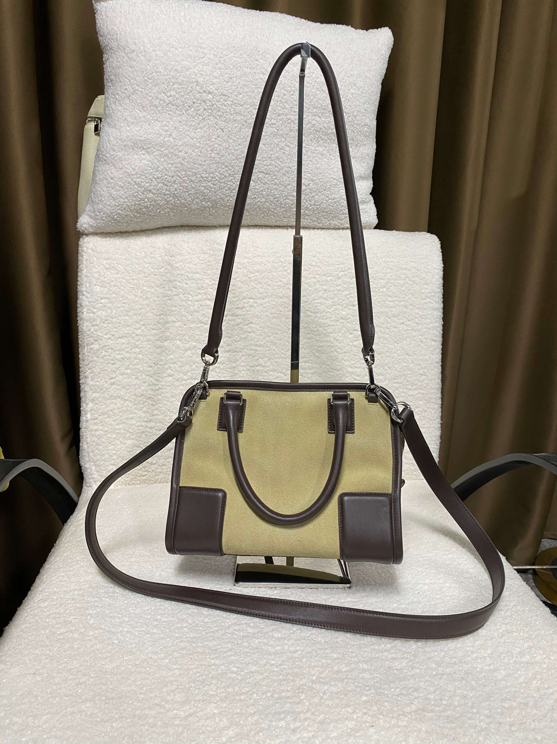 Logo-free two-tone calf suede satchel — top handles and detachable shoulder strap