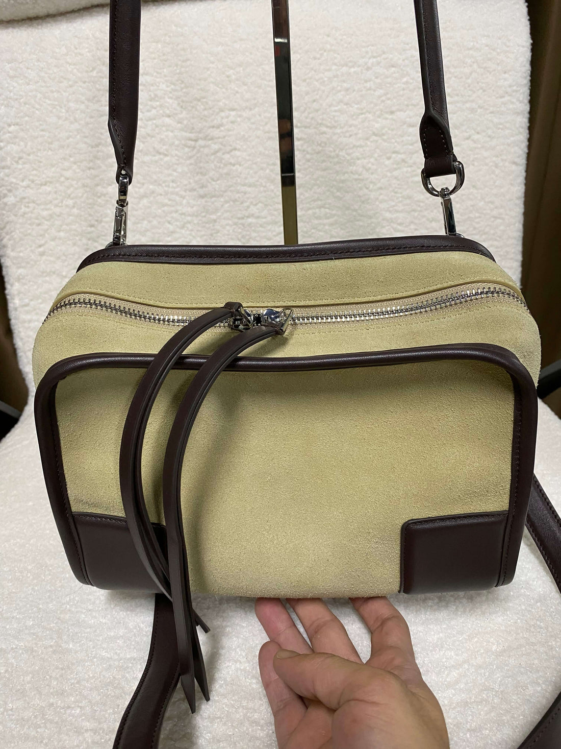 Logo-free two-tone calf suede satchel — olive suede back view with brown leather trim