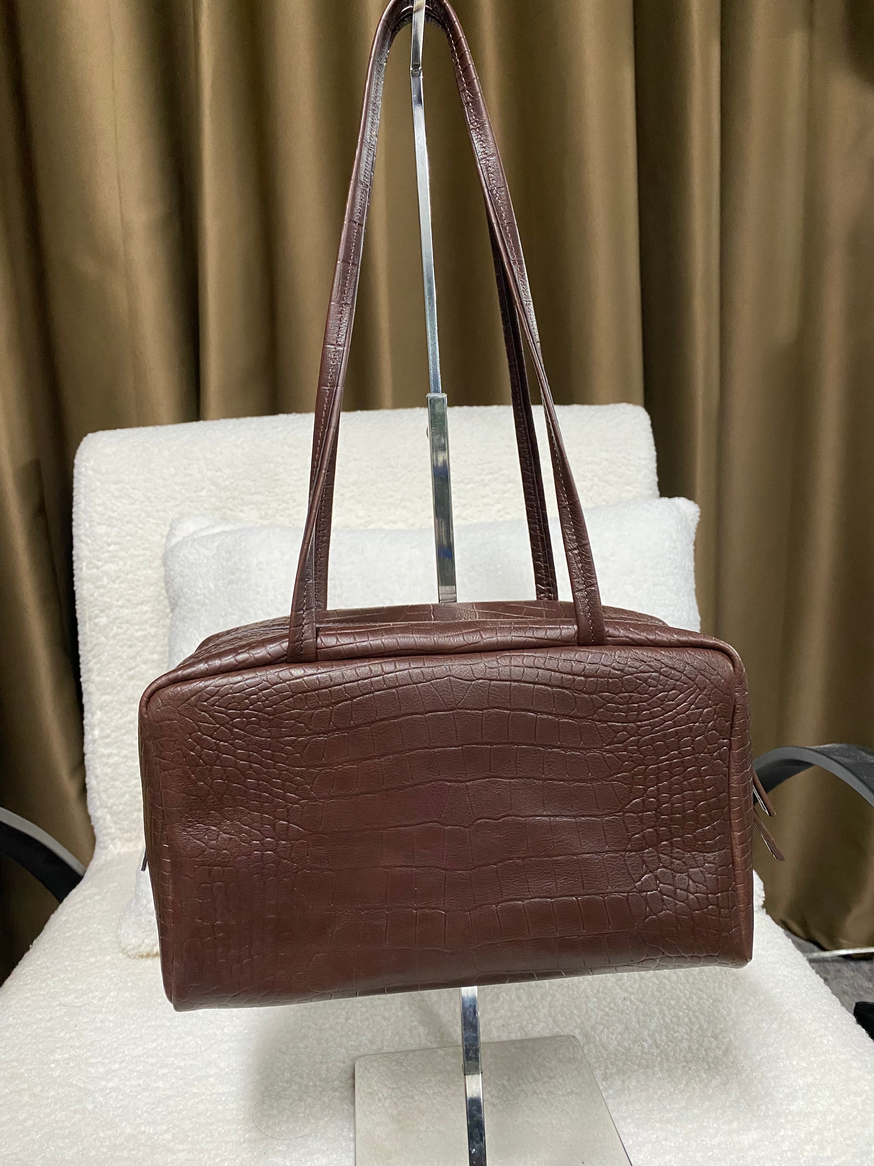 Croc-Embossed Leather Shoulder Bag