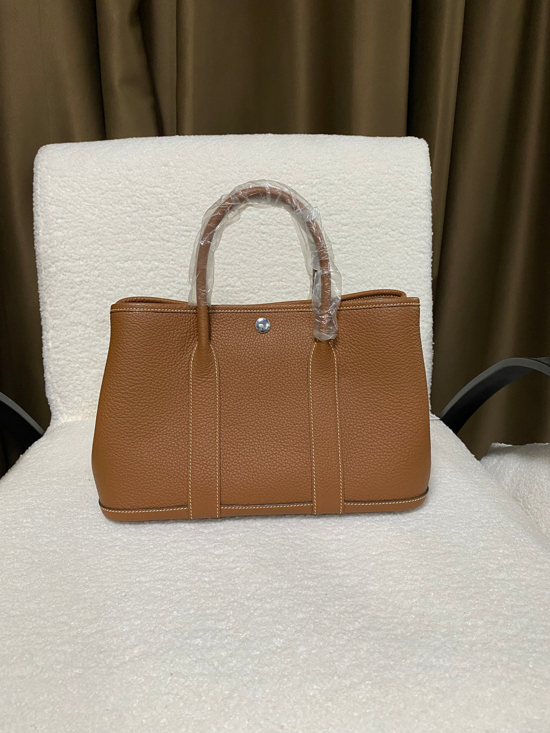 Cognac wide-top leather snap tote front view