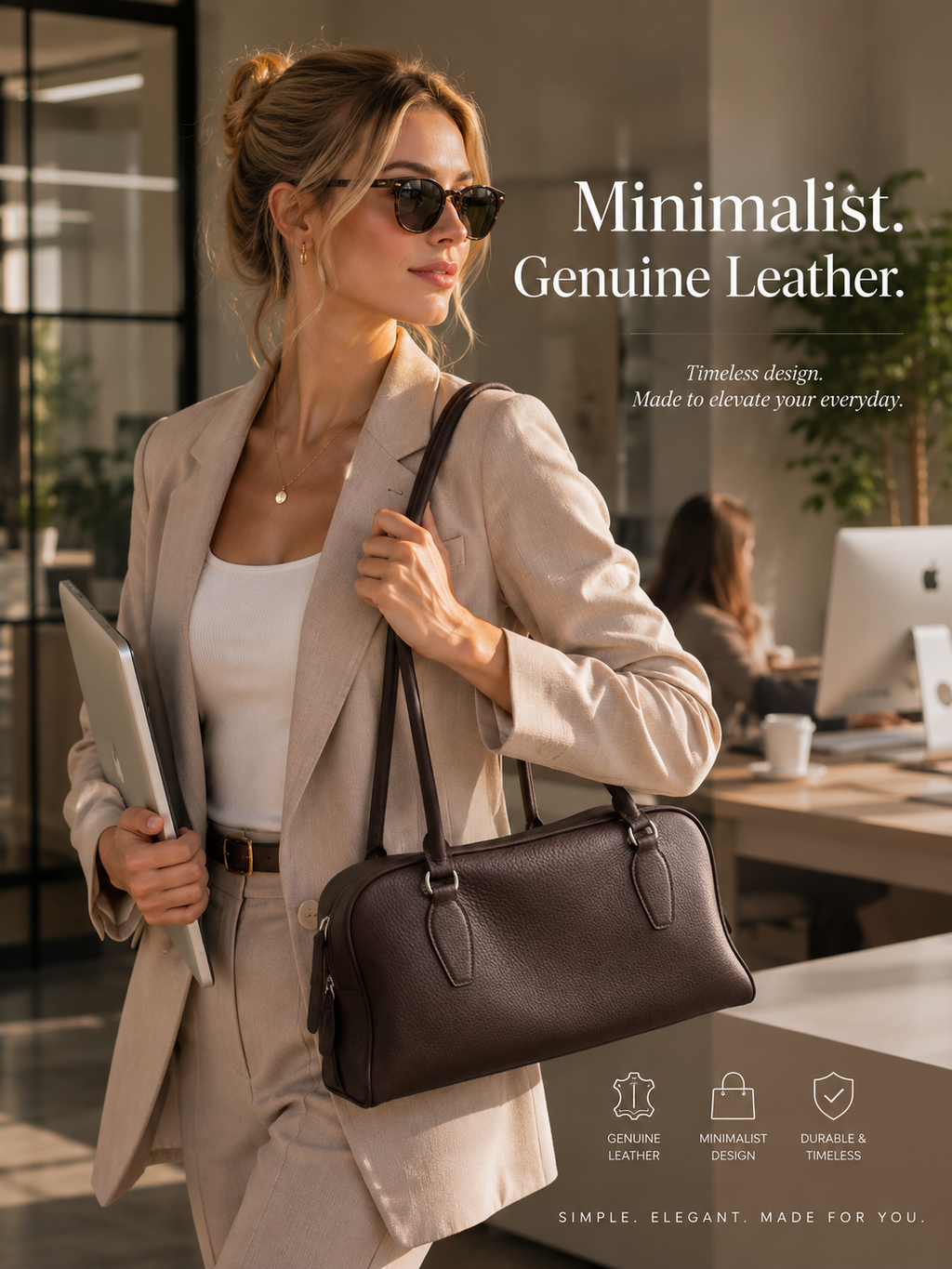 Logo-free pebbled full-grain leather bowling bag — brown bag carried by a woman in an office