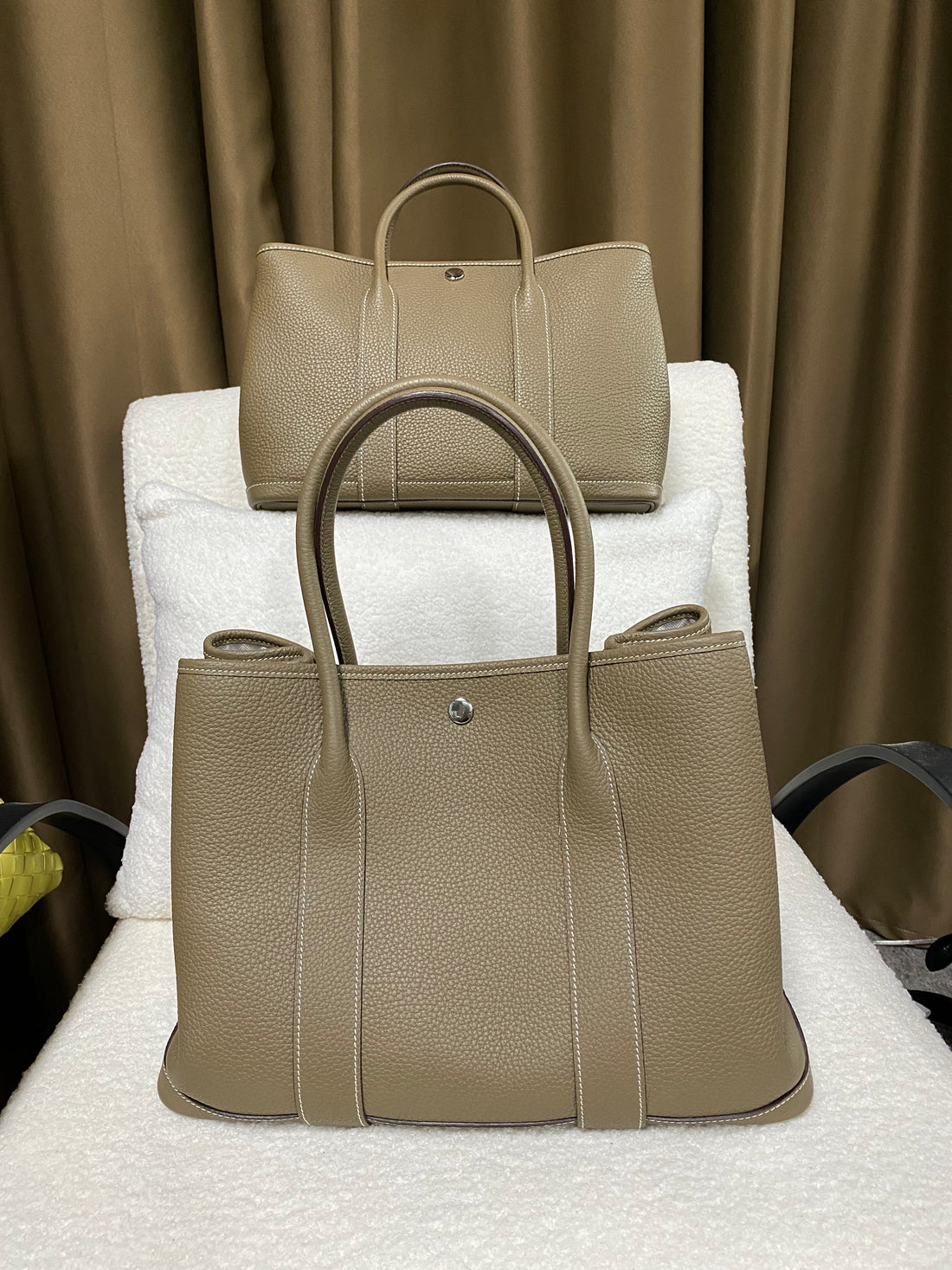Taupe structured open-top leather tote front view