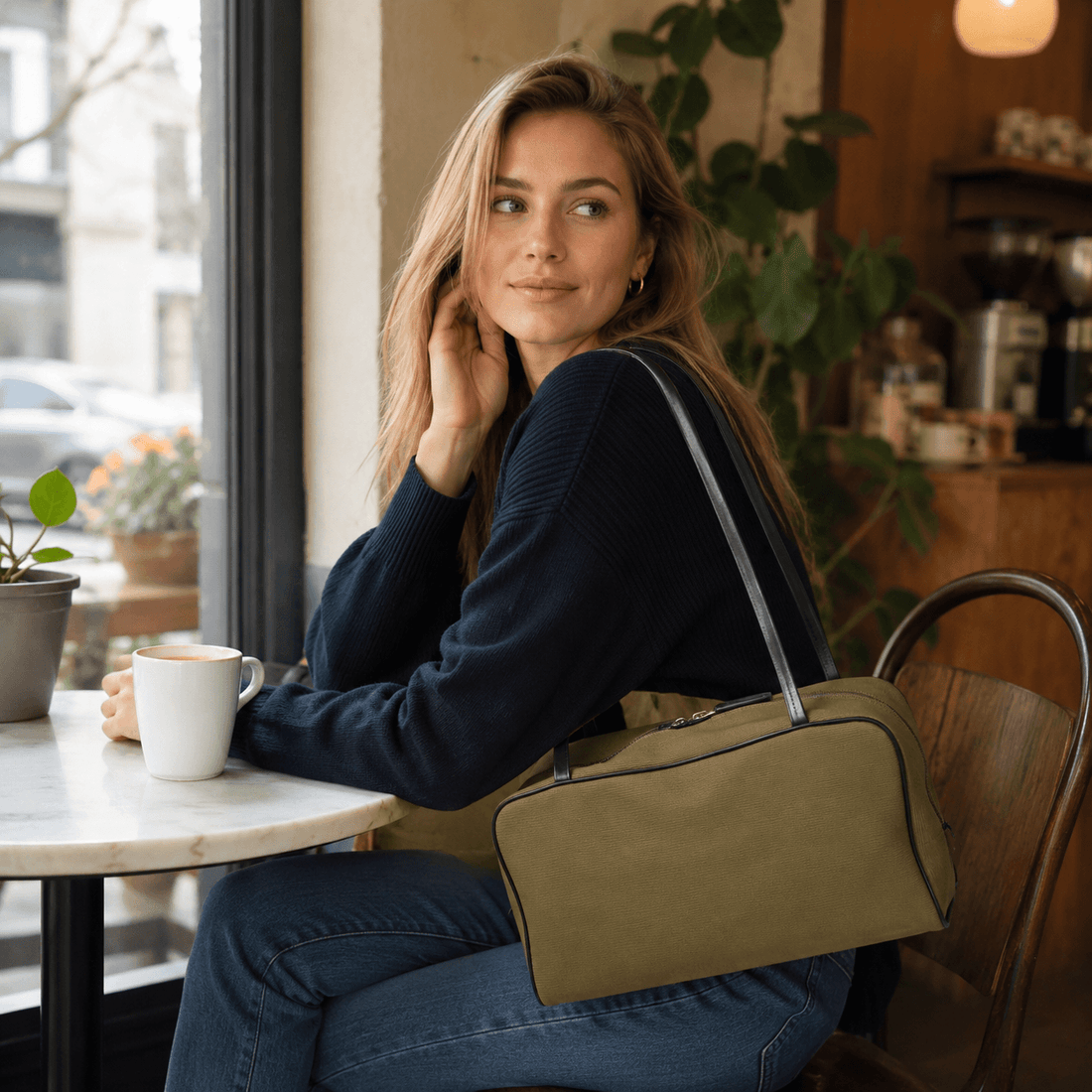 Canvas & Lambskin Minimalist Lightweight Commuter Tote in a stylish café setting with a woman enjoying coffee.