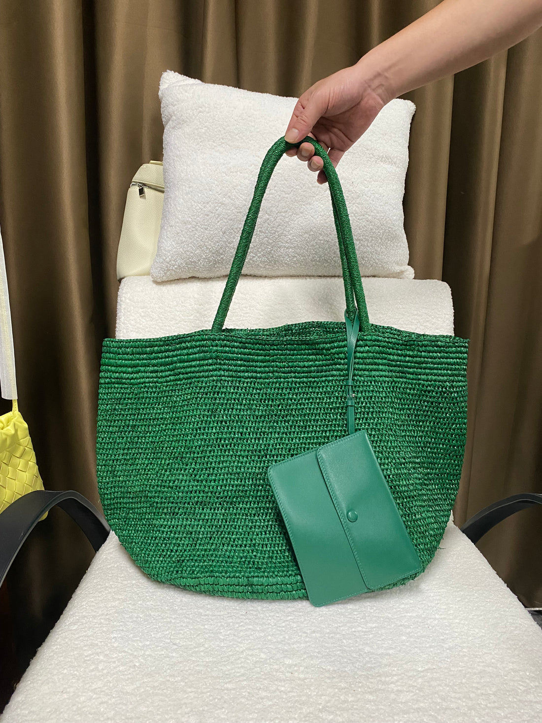 Emerald green natural raffia tote with lambskin handles and matching pouch