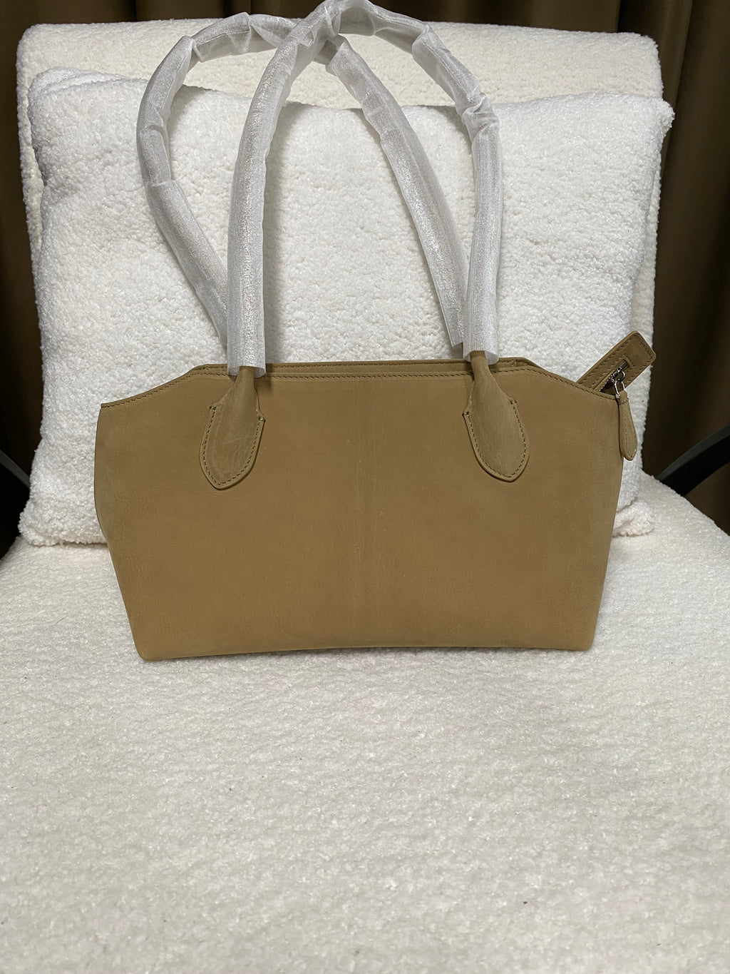 Camel calfskin zip-top tote bag front view