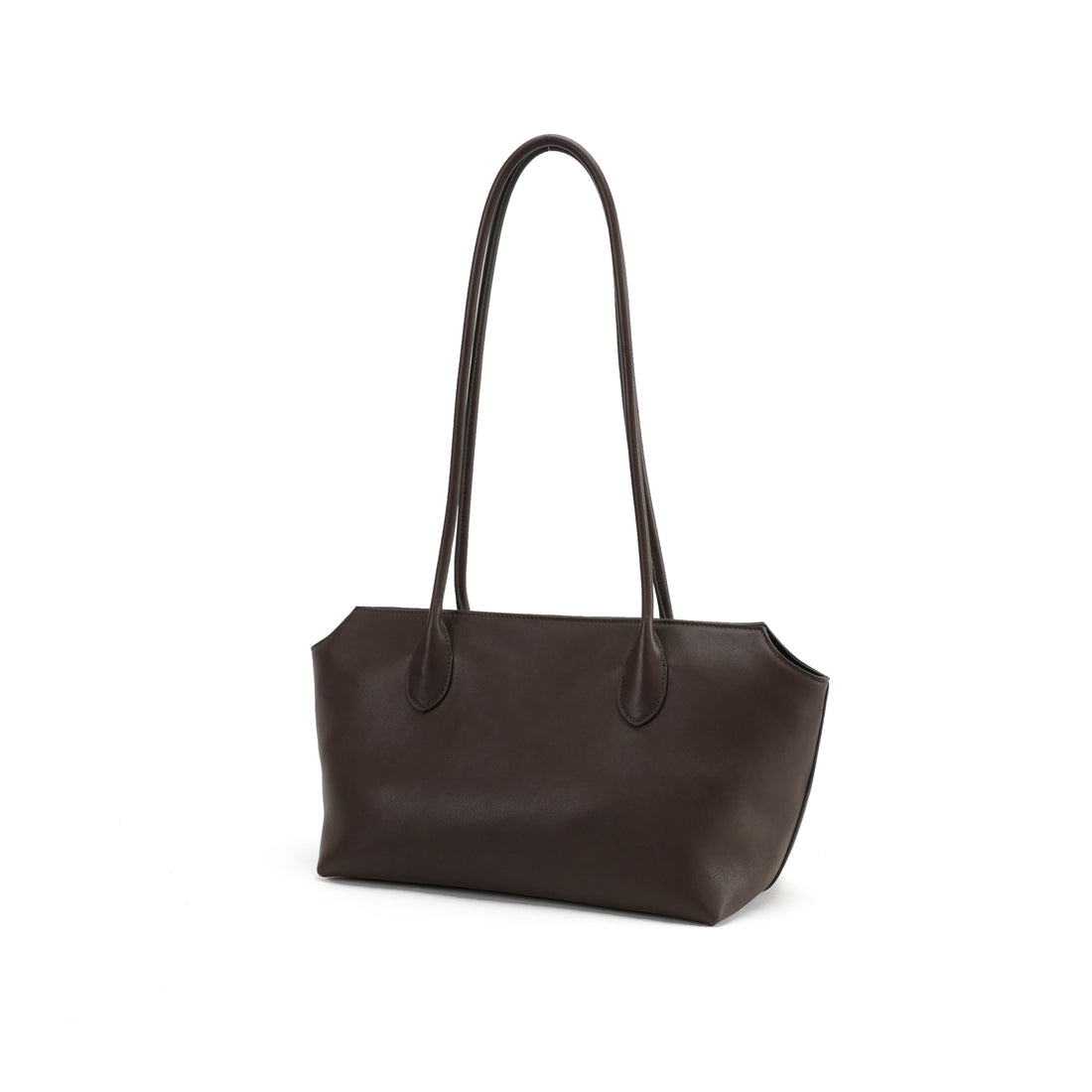 Logo-free full-grain cowhide shoulder tote — dark brown three-quarter front view