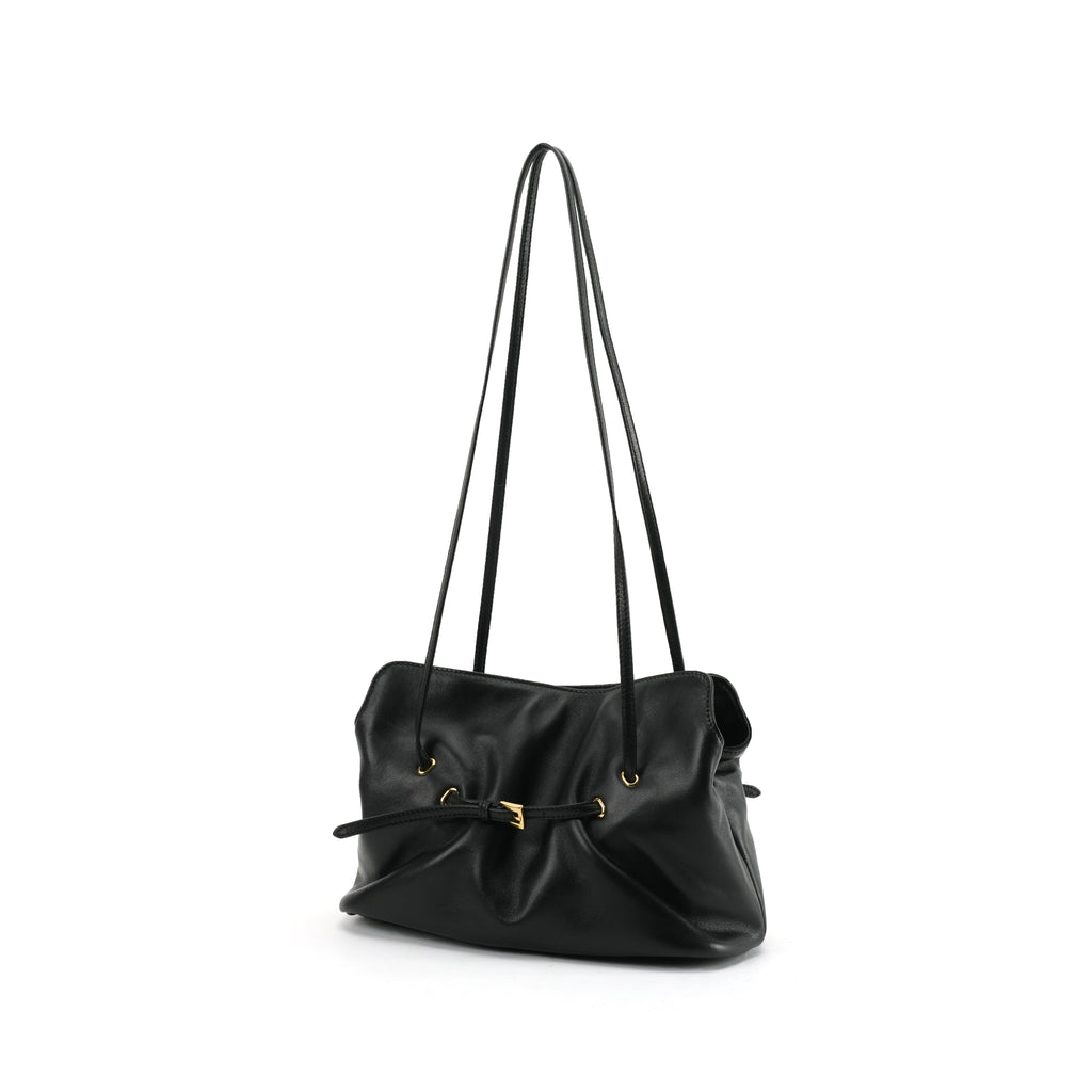 Black Ruched Lambskin Leather Cross-body Bag with Gold Buckle