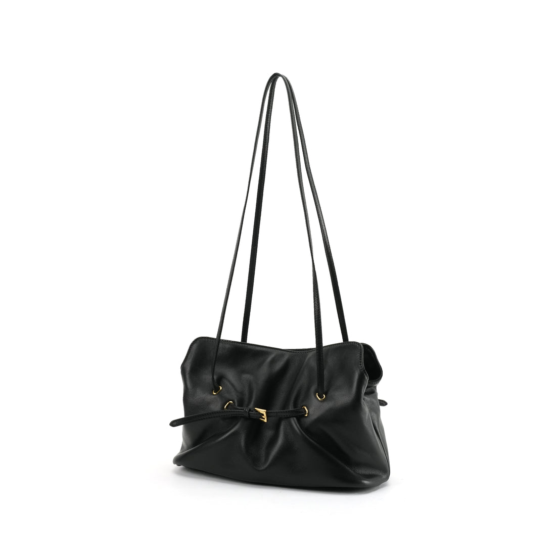 Black ruched lambskin crossbody bag — three-quarter front view on white