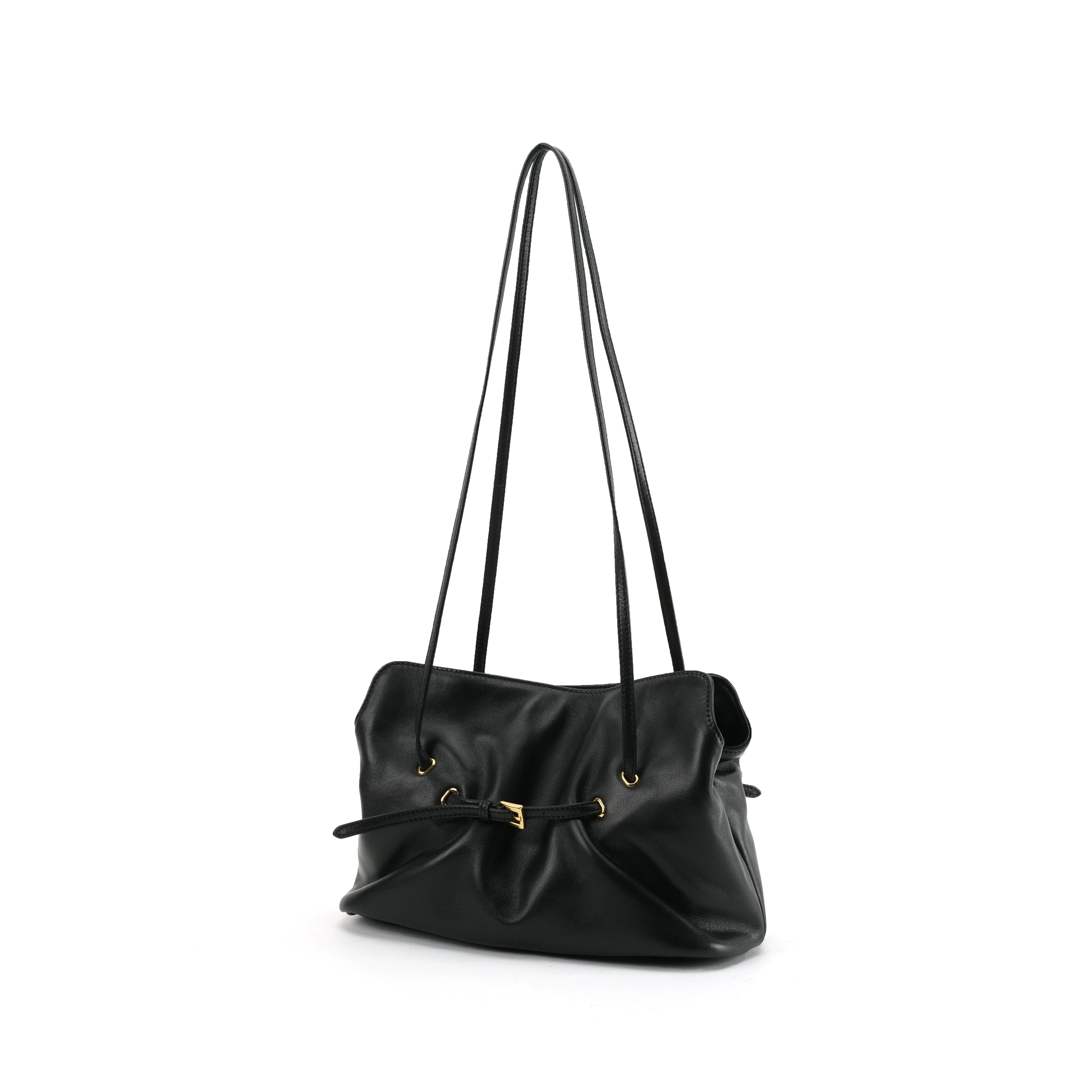 Black Ruched Lambskin Leather Cross-body Bag with Gold Buckle
