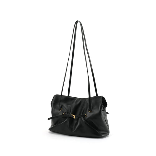 Black Ruched Lambskin Leather Cross-body Bag with Gold Buckle