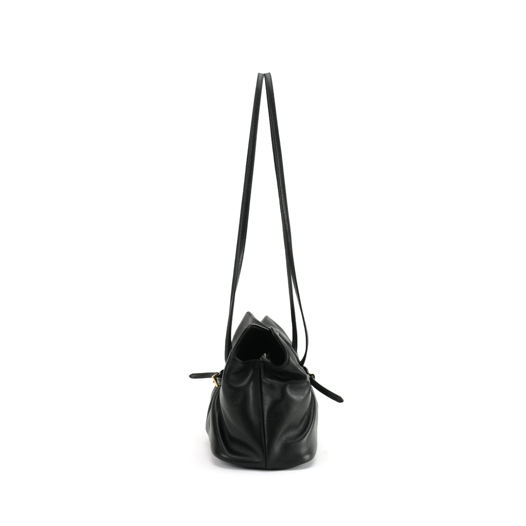 Black Ruched Lambskin Leather Cross-body Bag with Gold Buckle