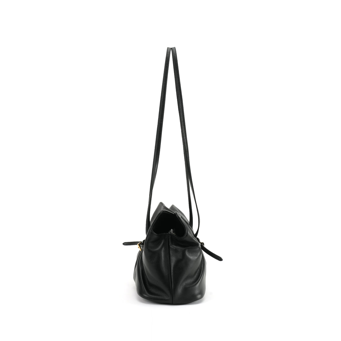 Black ruched lambskin crossbody bag — side profile with long shoulder straps