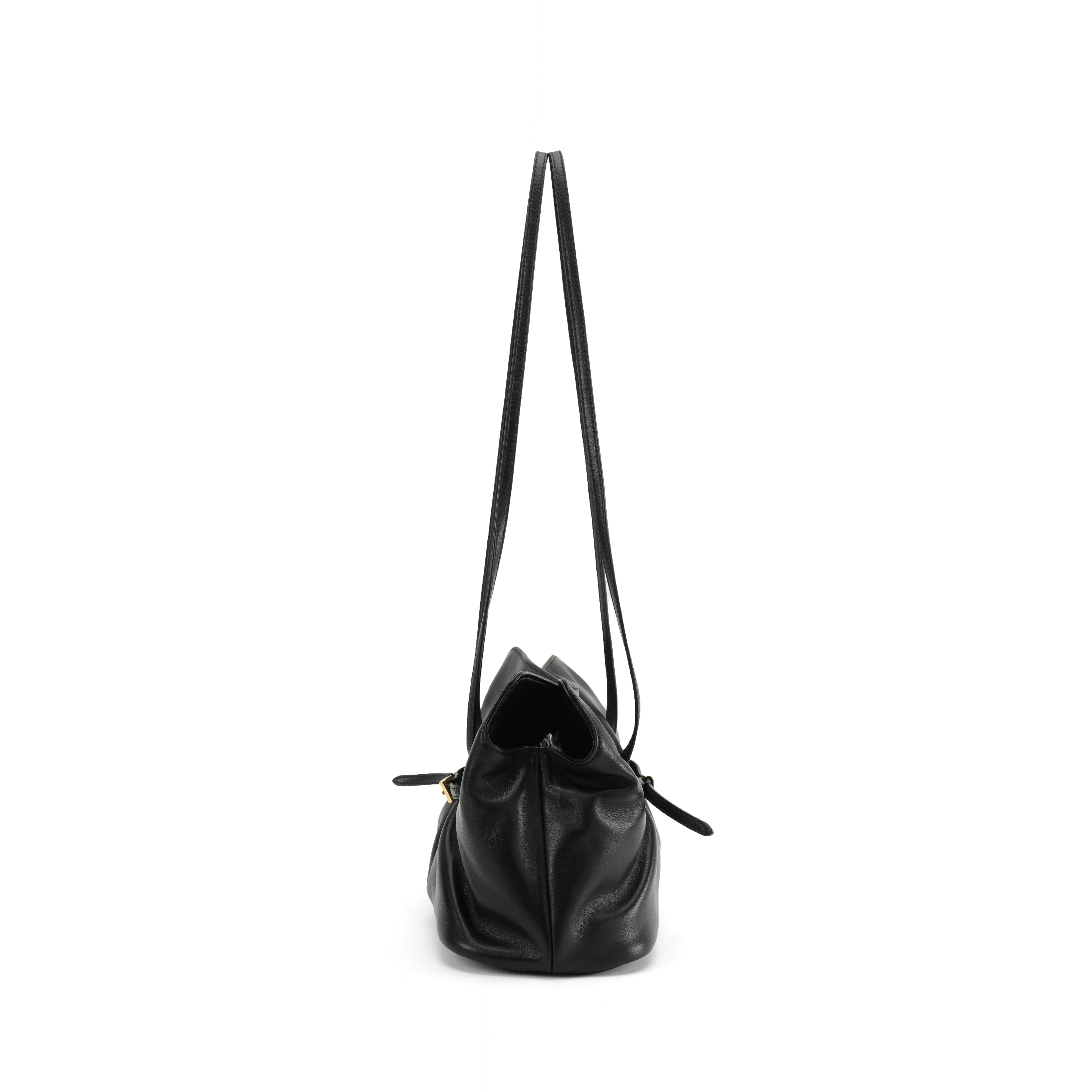 Black Ruched Lambskin Leather Cross-body Bag with Gold Buckle