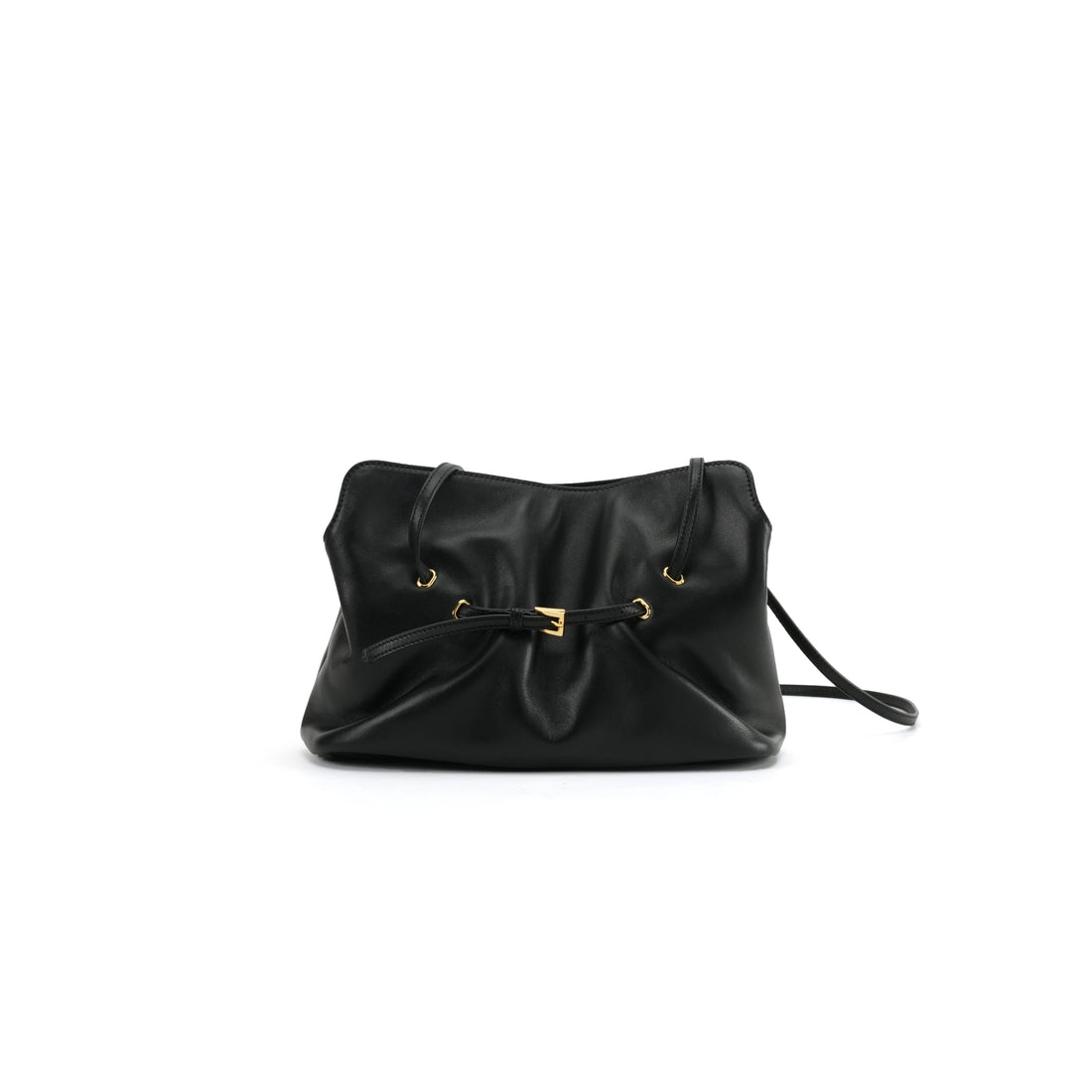 Black ruched lambskin crossbody bag — front view with gold drawstring hardware
