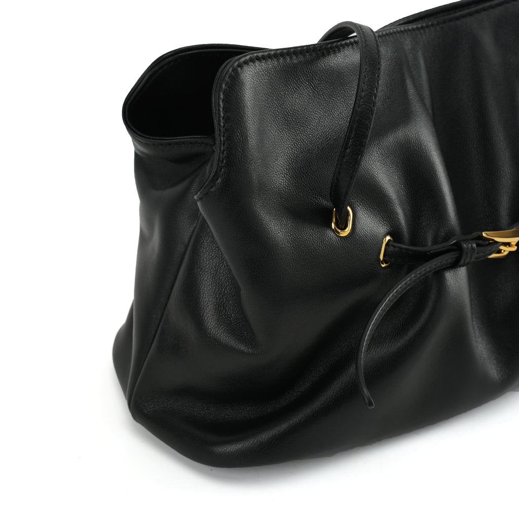 Black Ruched Lambskin Leather Cross-body Bag with Gold Buckle