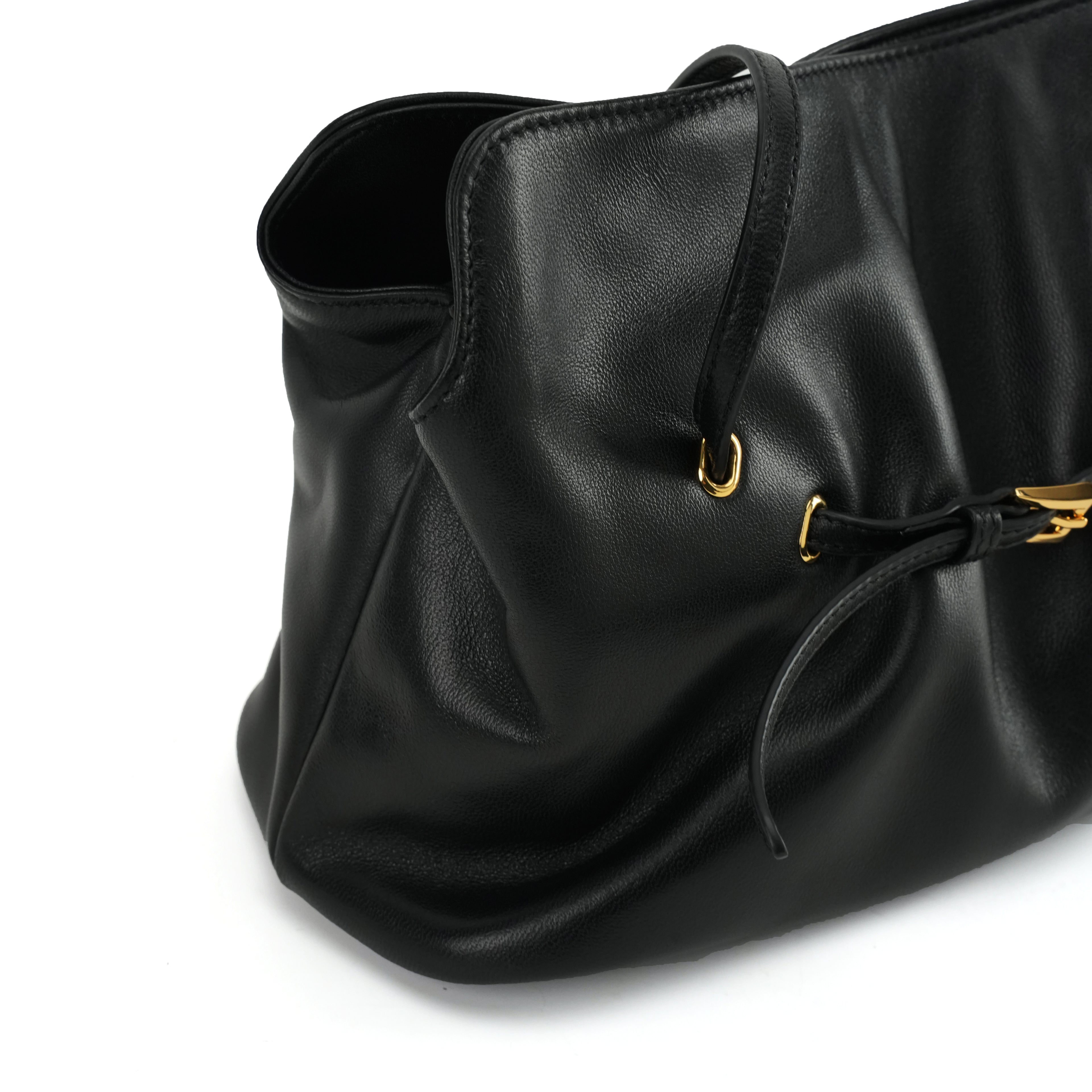 Black Ruched Lambskin Leather Cross-body Bag with Gold Buckle