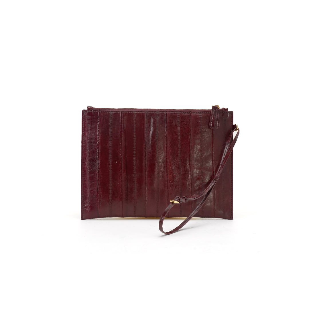 Logo-free burgundy genuine eel skin envelope clutch
