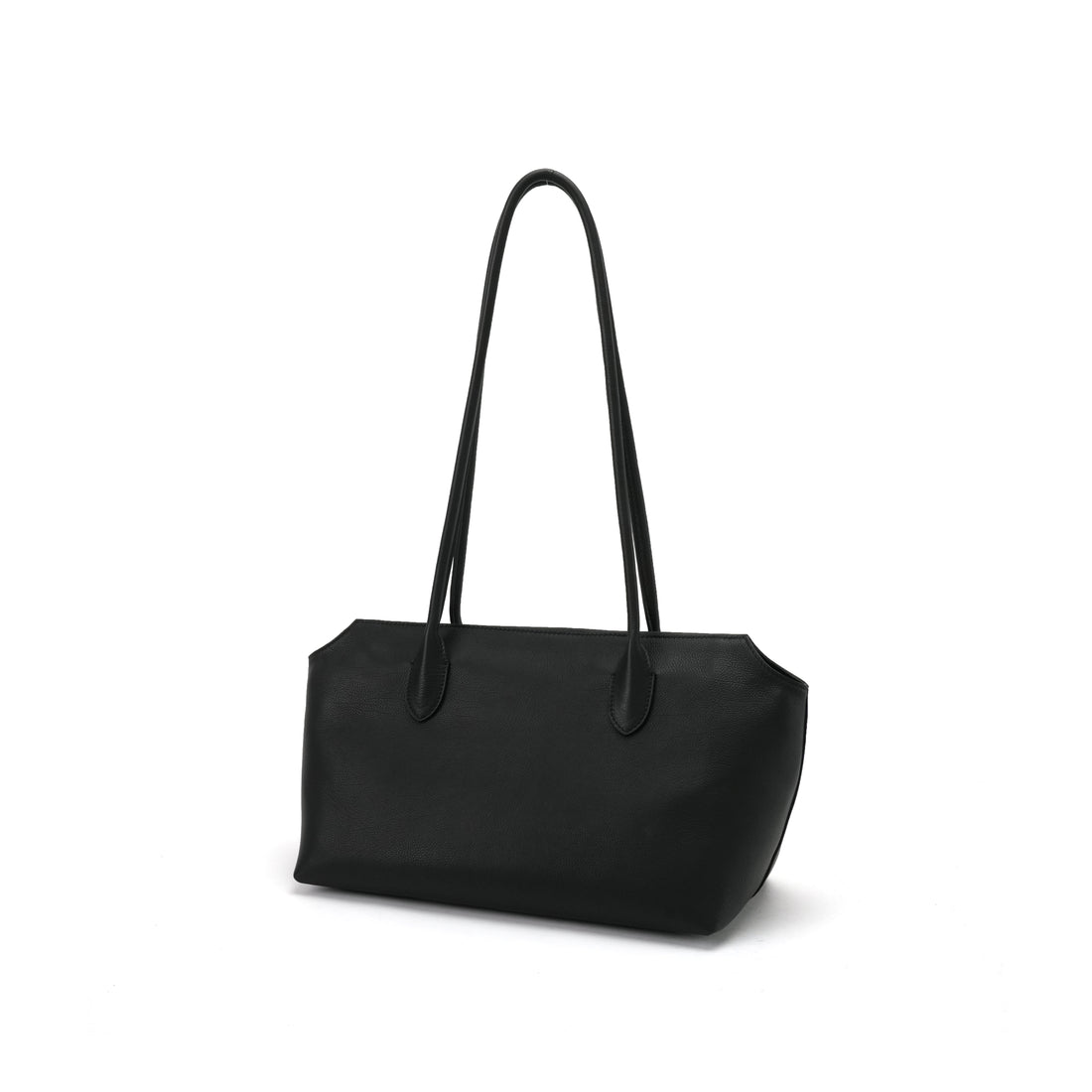 Logo-free full-grain cowhide shoulder tote — black three-quarter front view
