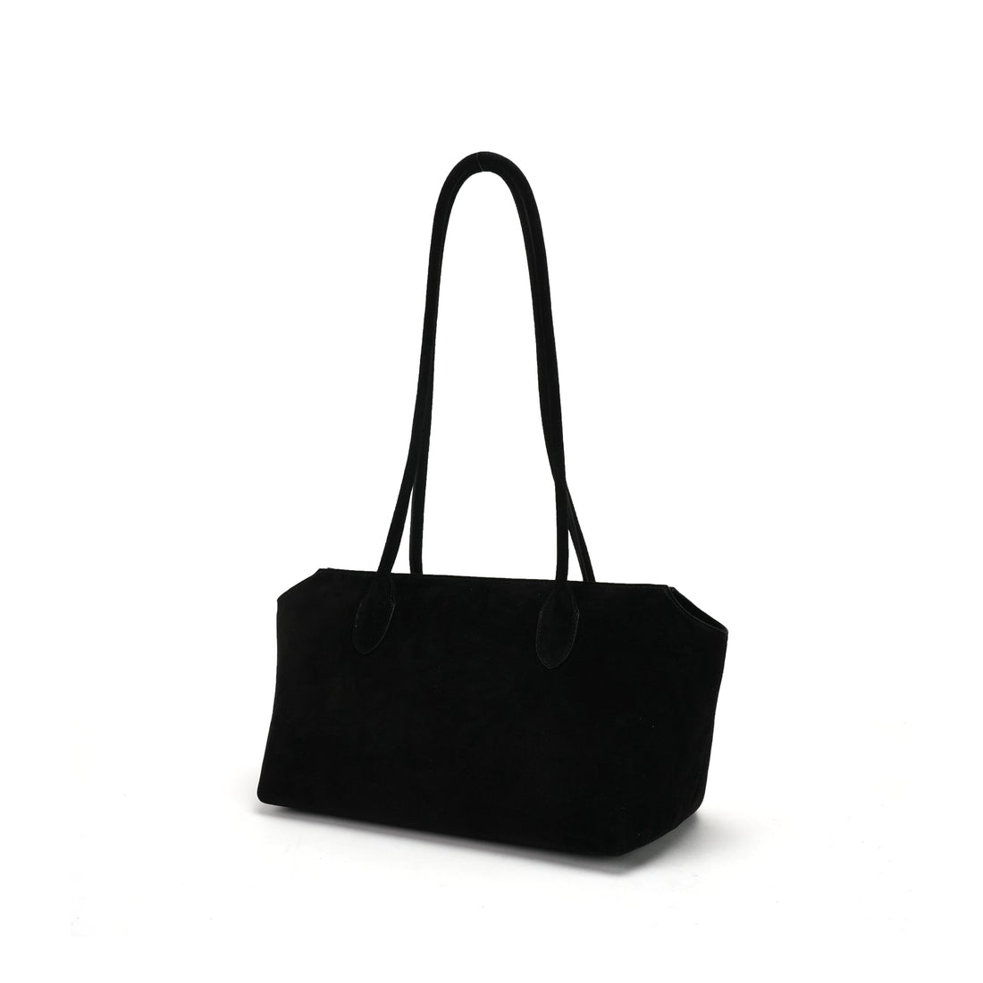 Logo-free full-grain cowhide shoulder tote — black suede front view