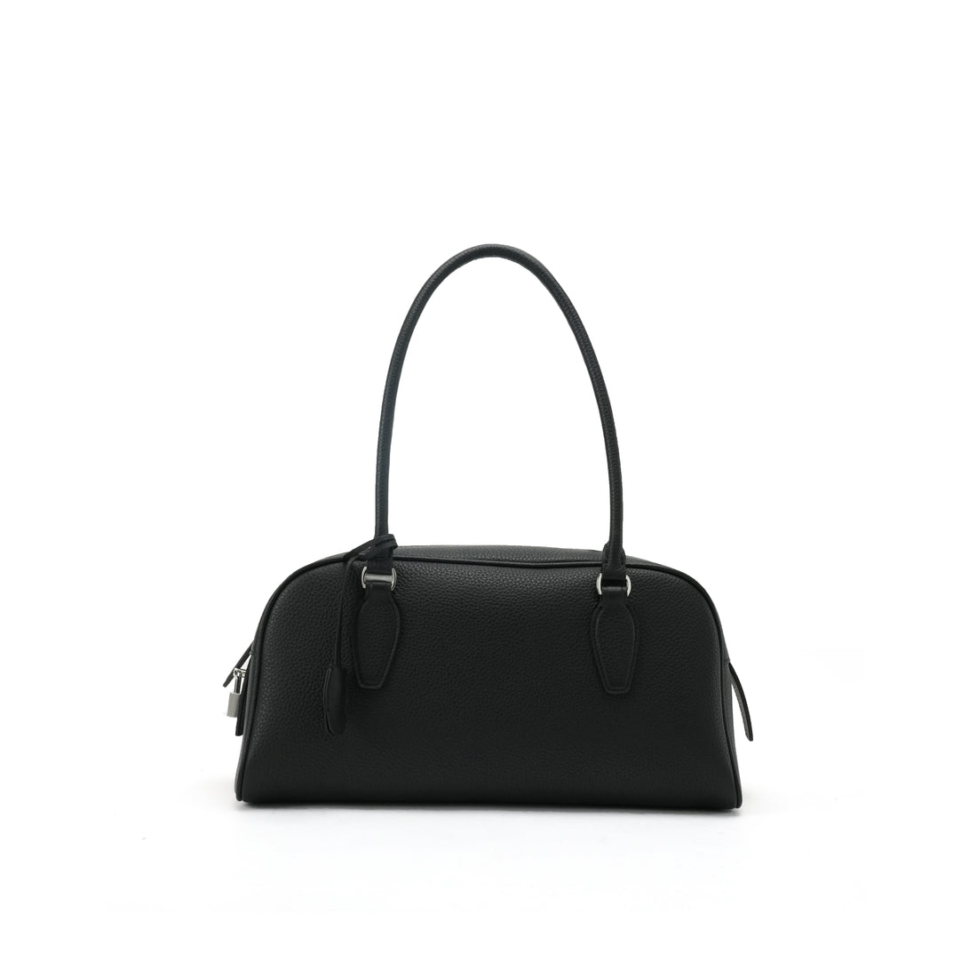 Logo-free pebbled full-grain leather bowling bag — black front view on white
