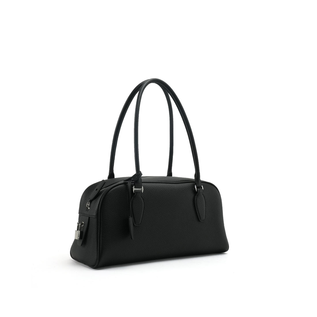 Logo-free pebbled full-grain leather bowling bag — black three-quarter front view