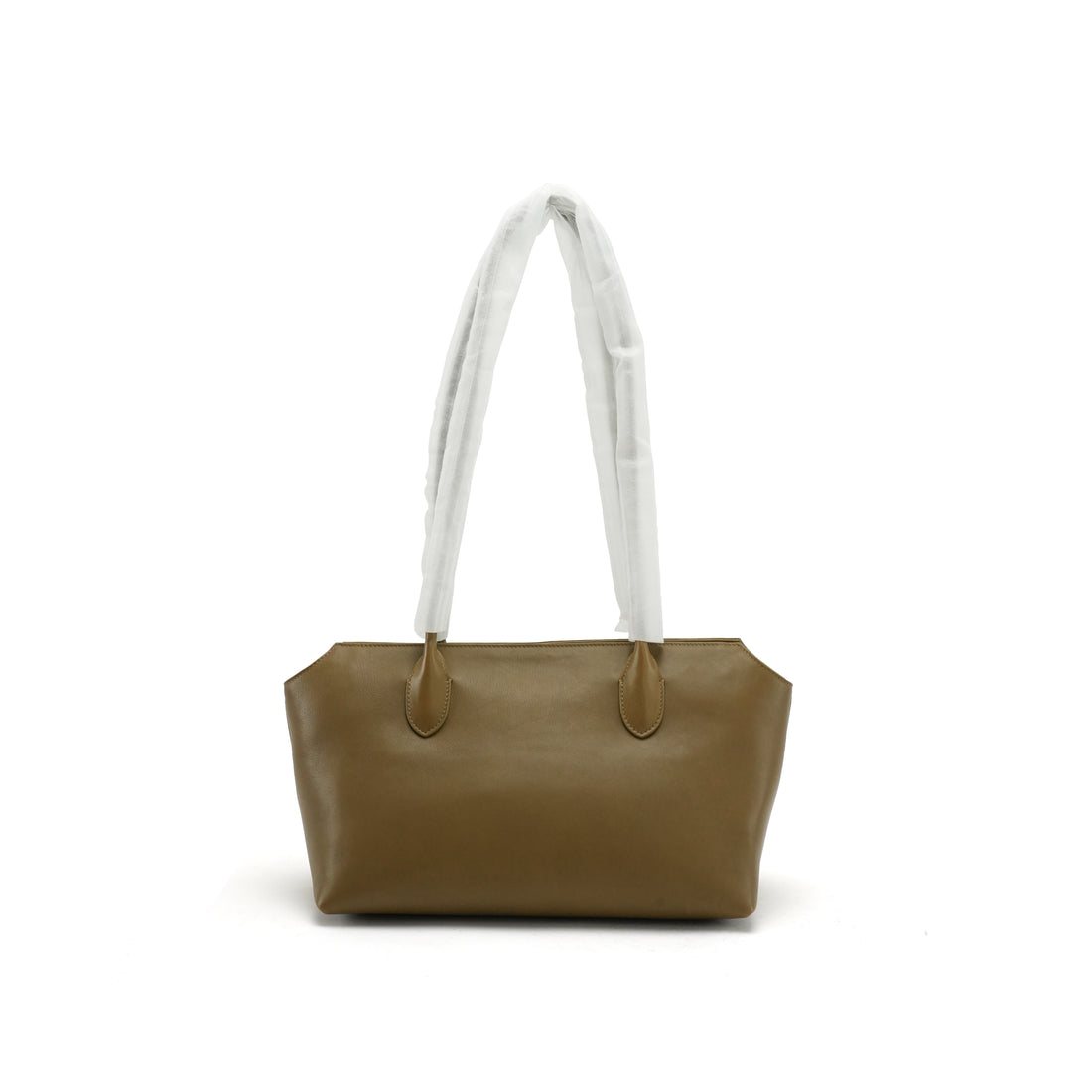 Logo-free full-grain cowhide shoulder tote — olive green front view