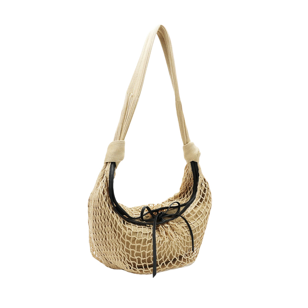 Luxury hand-woven mesh net shoulder bag with black leather trim and braided strap