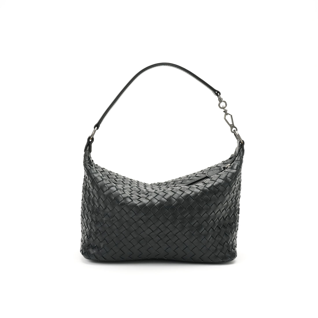 Logo-free handwoven lambskin shoulder bag — black front view