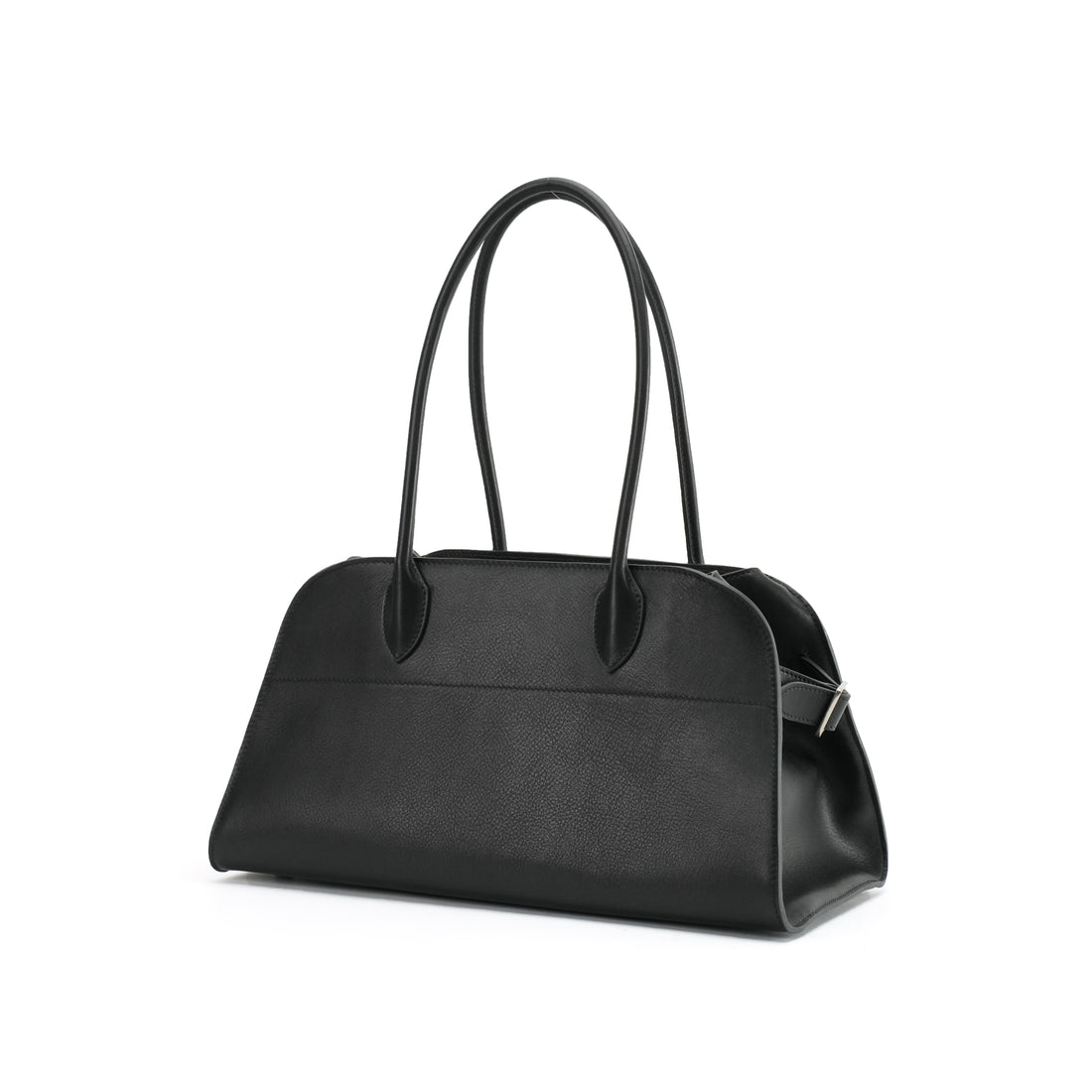 Minimalist black leather shoulder bag, quiet luxury