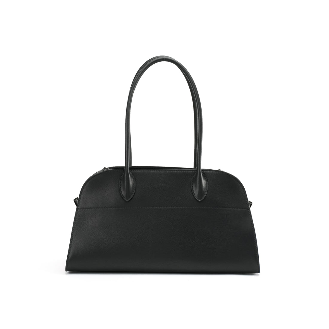 Logo-free black cowhide work tote — front view on white