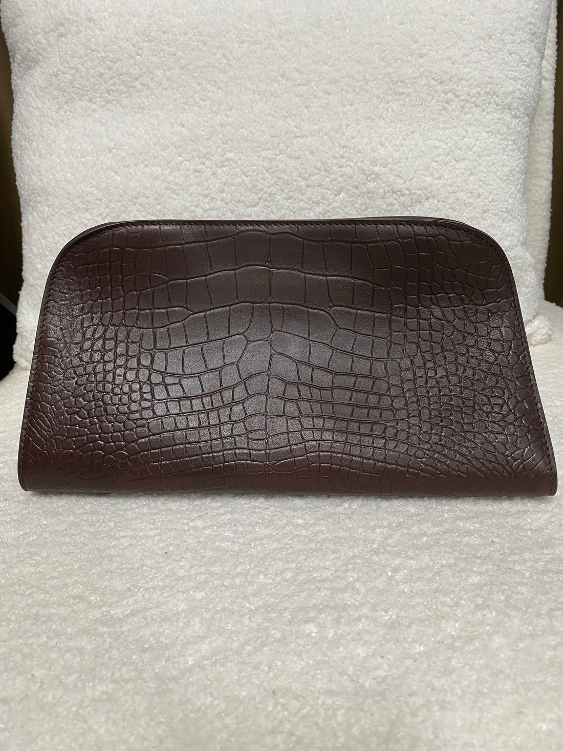 Dark brown croc-embossed leather shoulder bag front view