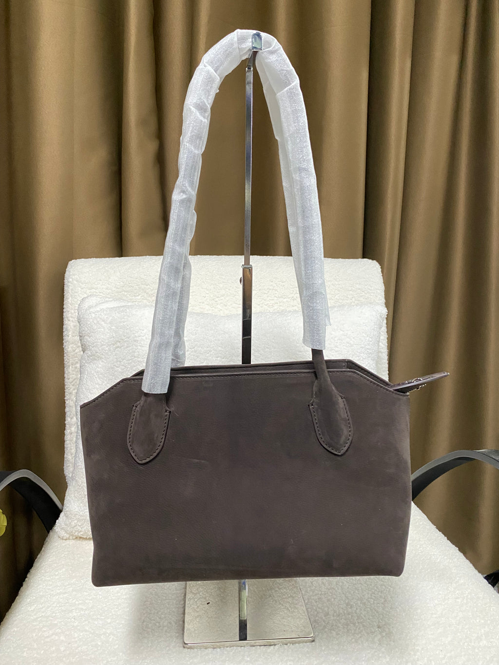 Dark brown baby calfskin zip-top shoulder tote front view