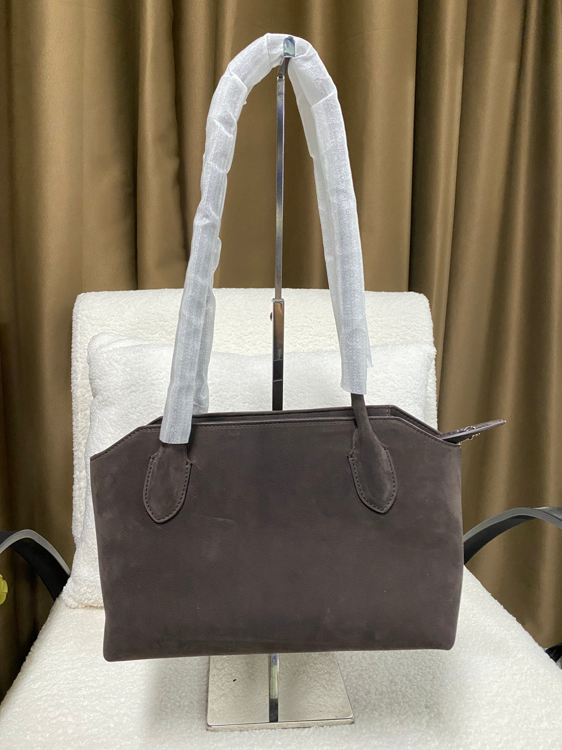 Dark brown baby calfskin zip-top shoulder tote front view