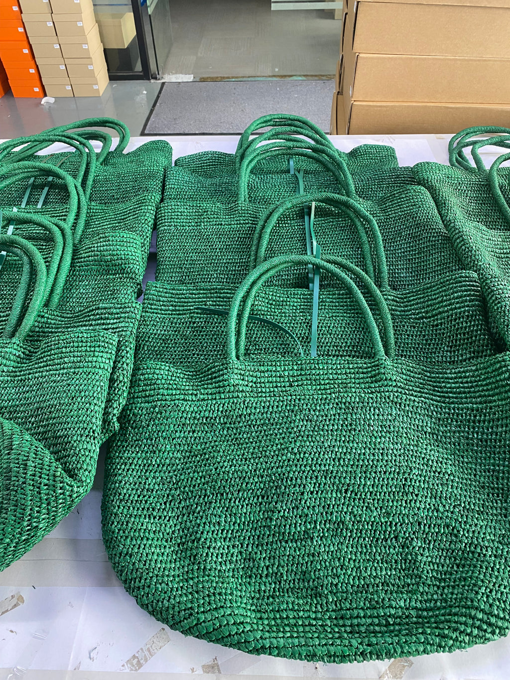 Emerald Green Raffia Straw Tote Bag with Leather Trim