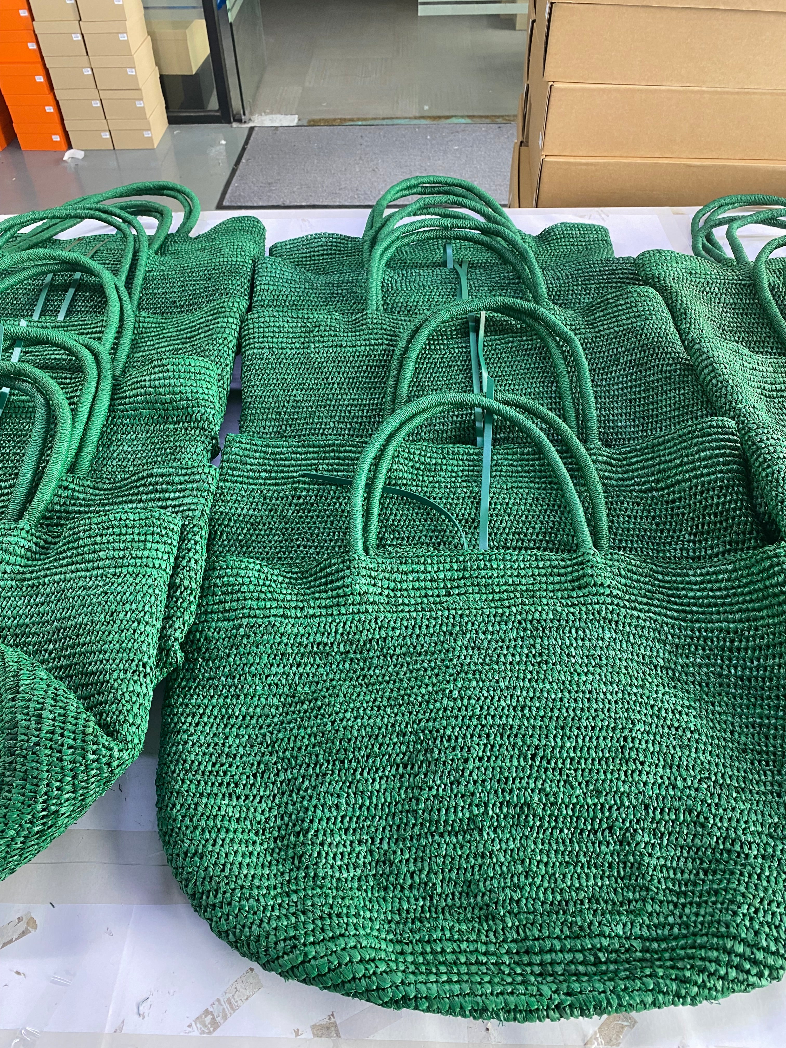 Emerald Green Raffia Straw Tote Bag with Leather Trim
