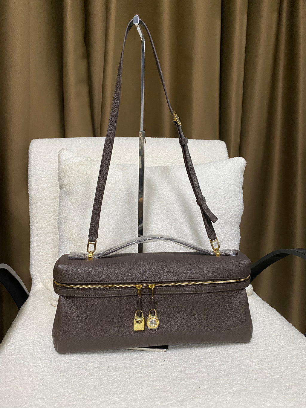 Coffee brown boxy leather shoulder bag front view