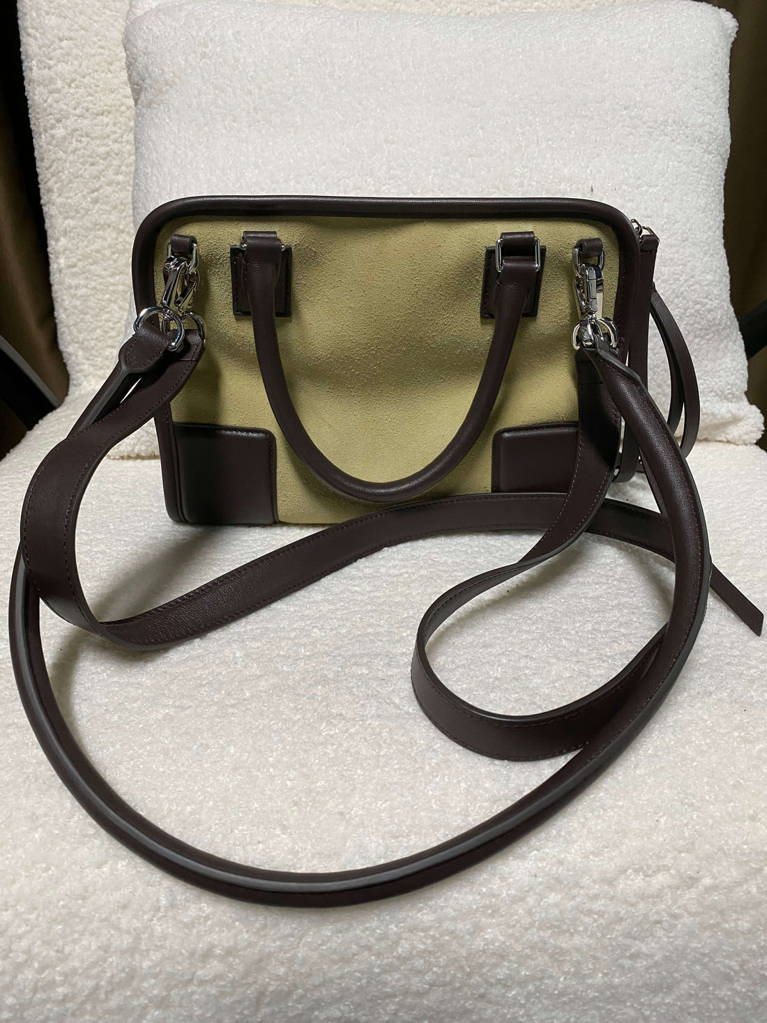 Minimalist two-tone suede crossbody, quiet luxury bag