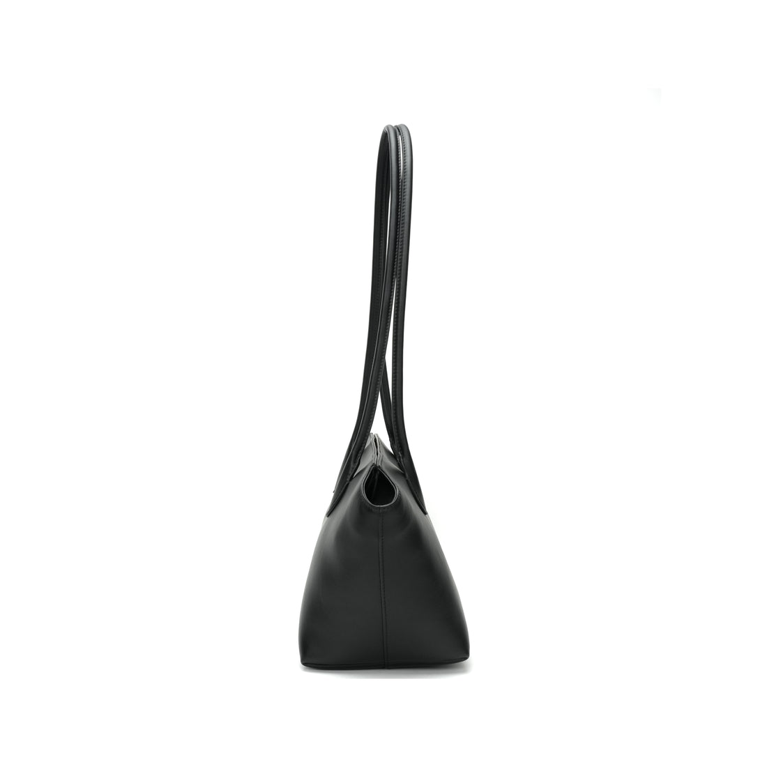Logo-free full-grain cowhide shoulder tote — black side profile