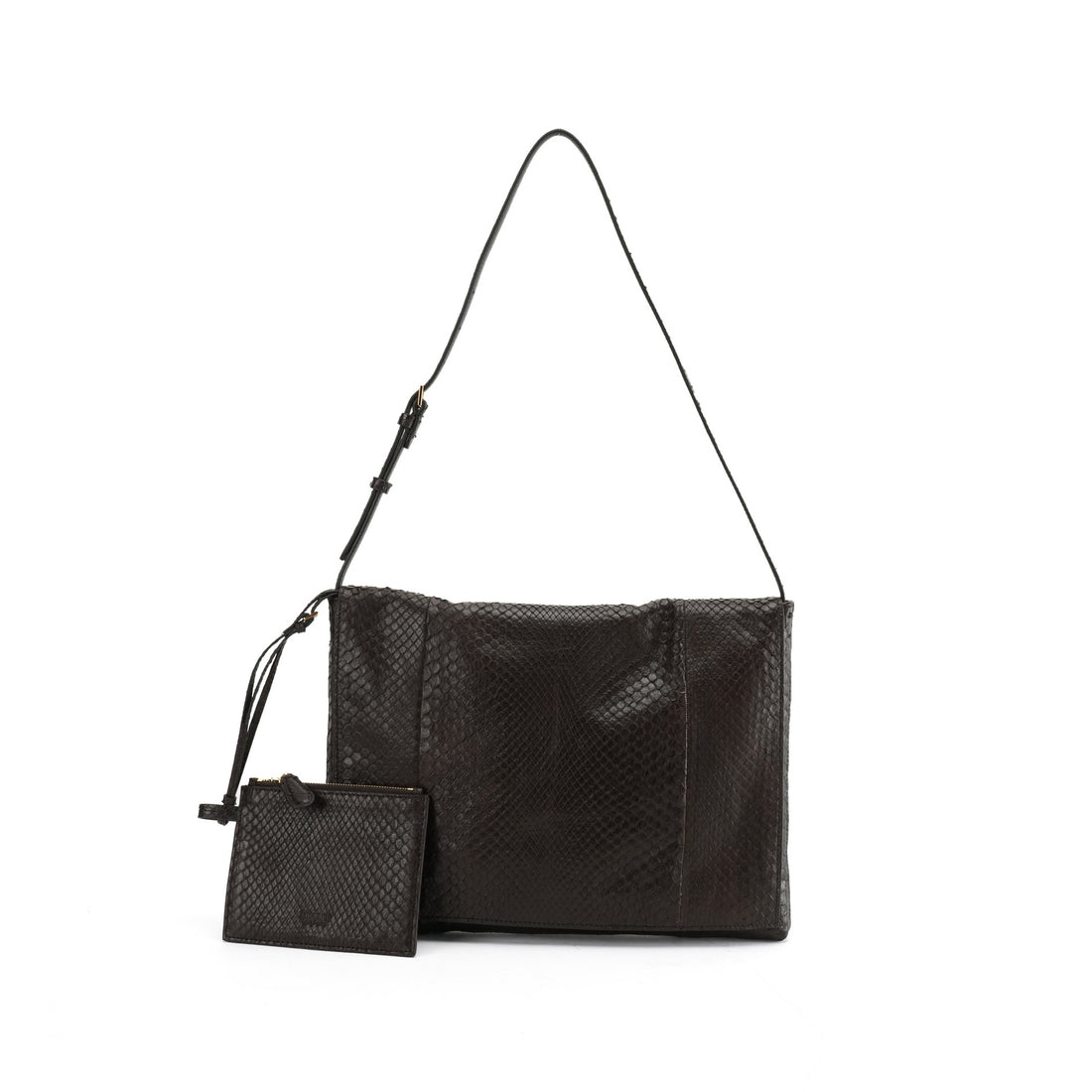 Brown genuine python leather shoulder bag — front view with detachable pouch