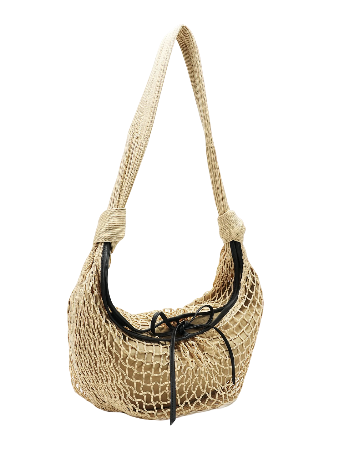 Logo-free handwoven mesh shoulder bag with leather trim