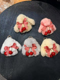Fluffy bunny bag charms with red cherries and gingham bows