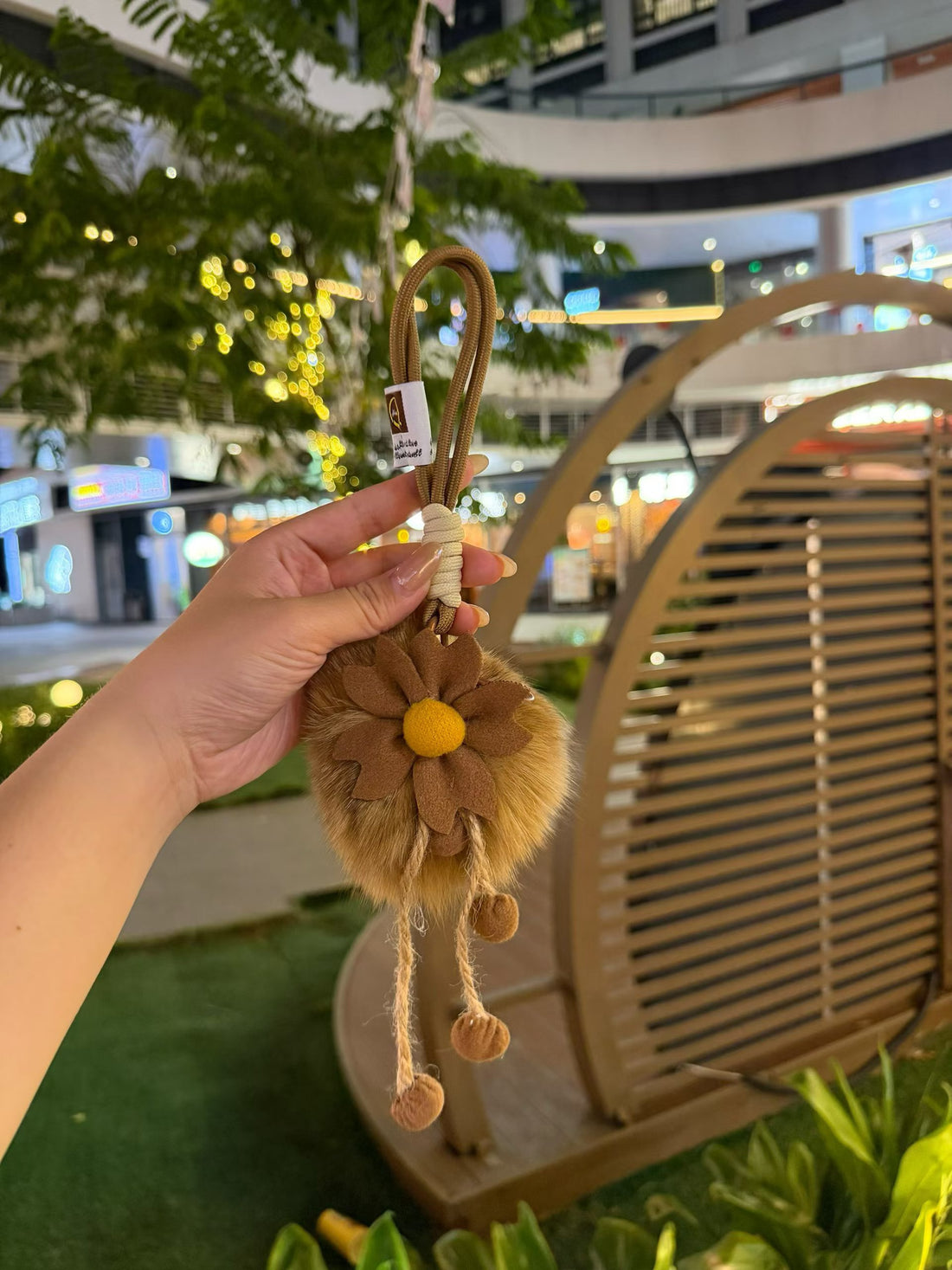 Mocha brown fluffy flower bag charm with rope loop and tassels