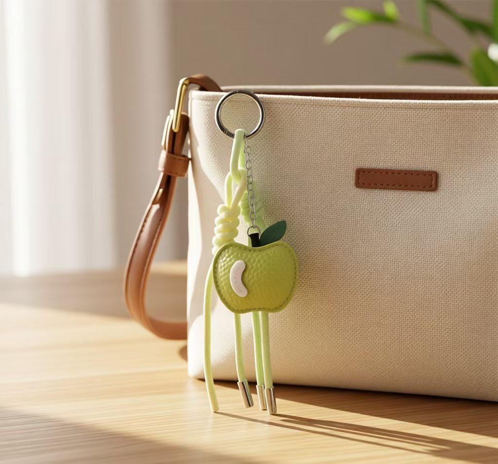 Lime green apple charm clipped to a cream canvas crossbody bag