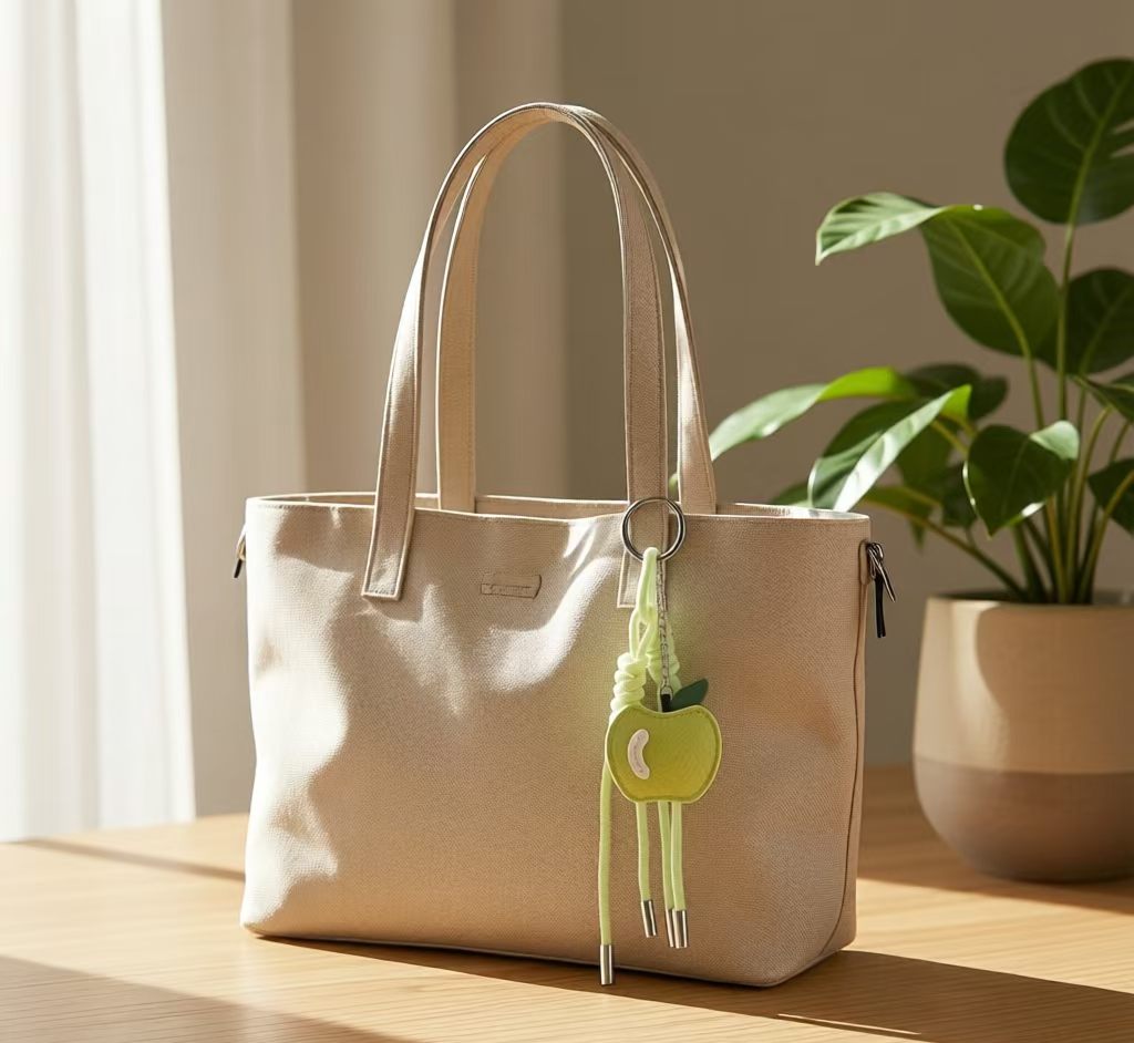 Lime green apple charm styled on a large cream canvas tote