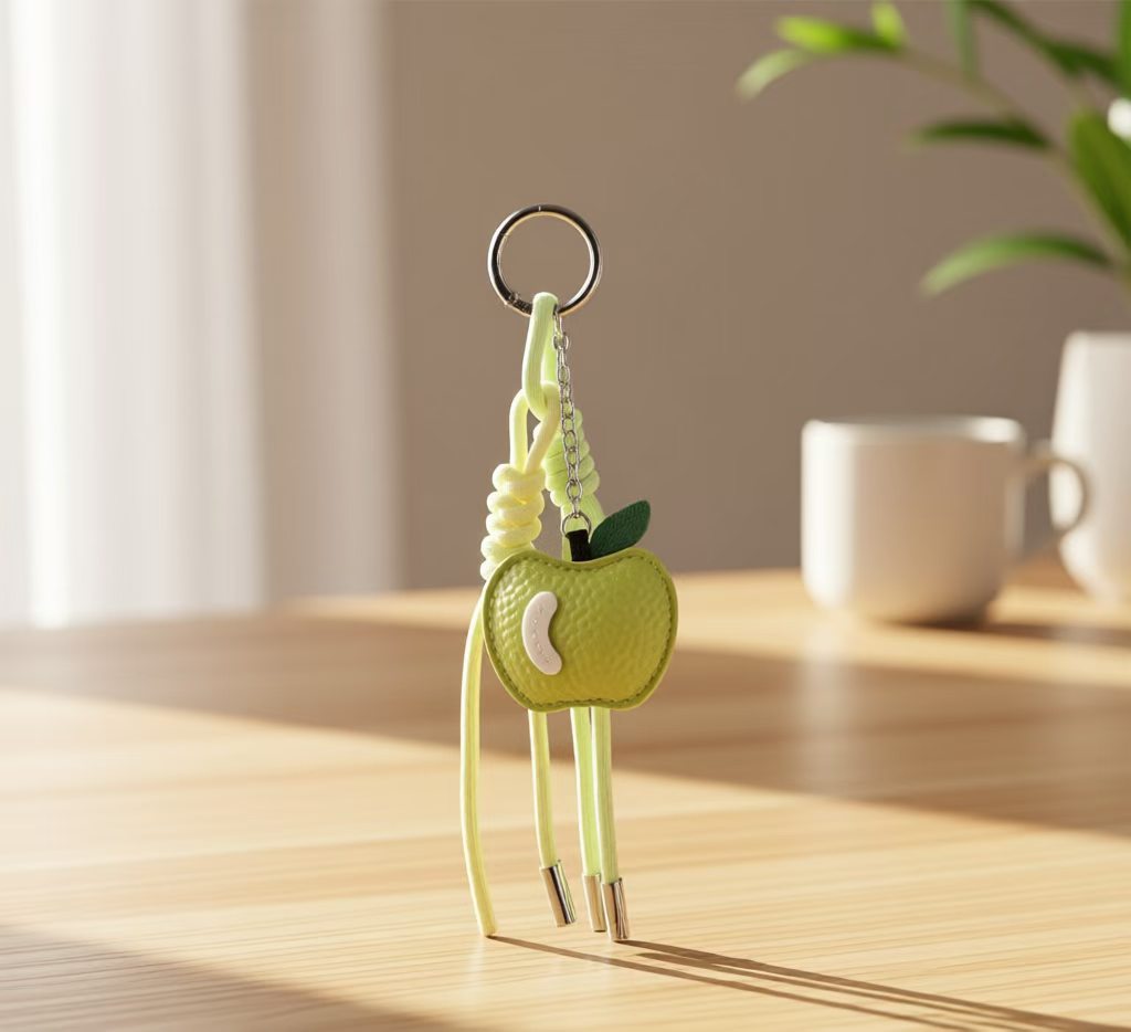 Lime green apple bag charm with braided cord and silver-tone ring