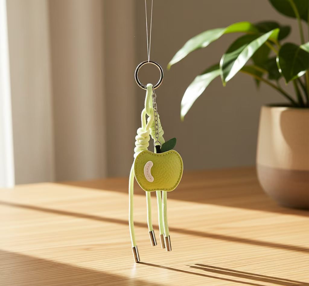 Lime green apple bag charm hanging detail with long cord tassels